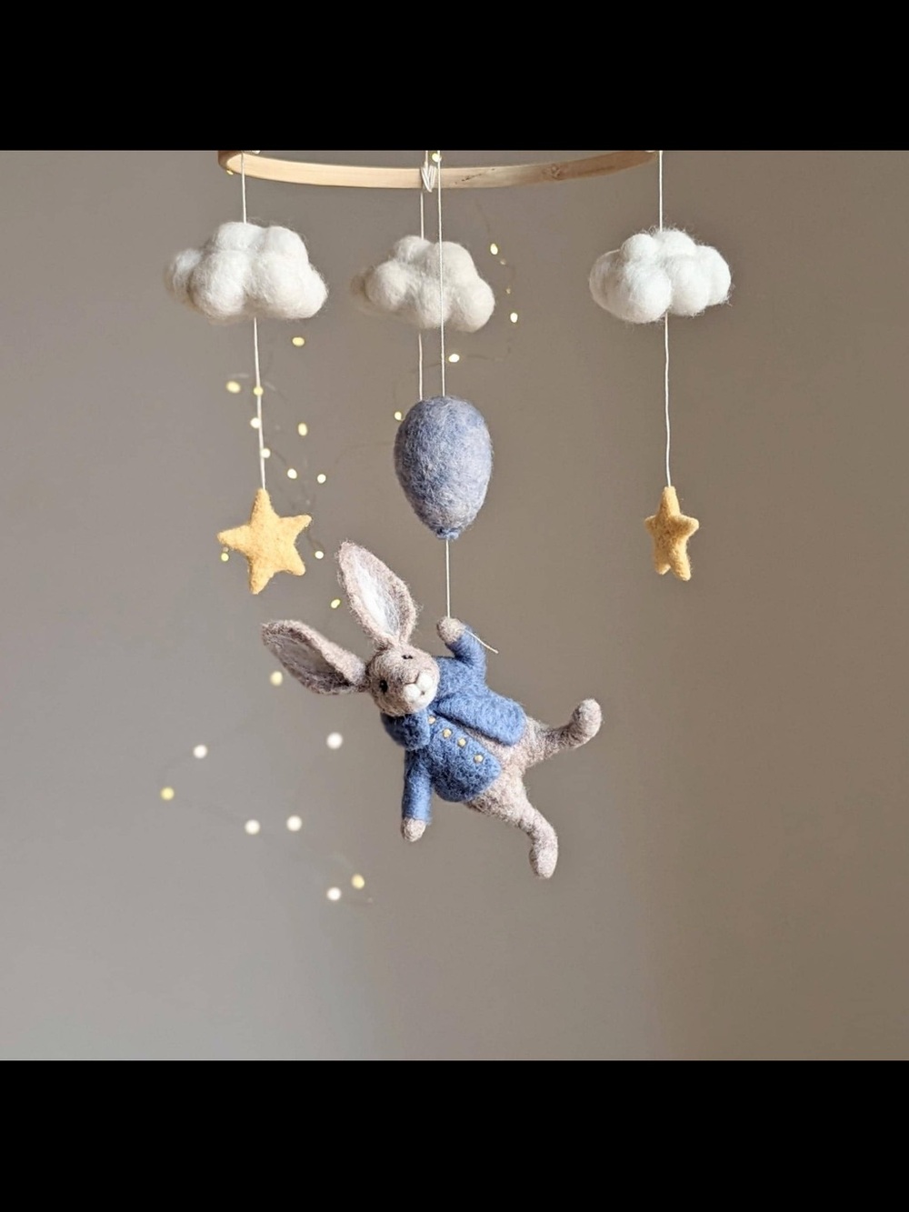 Handmade Felt Bunny Mobile with Clouds & Stars - Blue